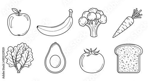 Hand drawn sketch of fruits and vegetables isolated on white background