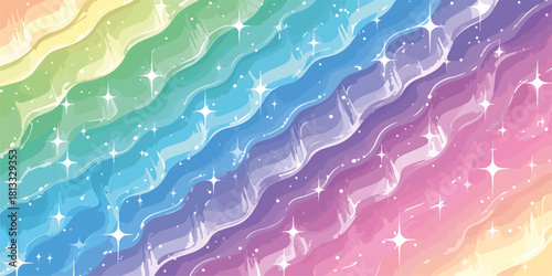 무지개 파스텔 색상의 물결 모양 배경에 반짝이는 별들이 빛나고 있습니다.