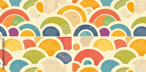 다채로운 색상의 반원형 패턴이 반복되는 추상적인 배경 디자인