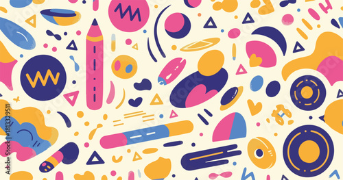 다채로운 색상과 추상적인 형태가 어우러진 손으로 그린 듯한 현대적인 벡터 패턴 배경으로, 창의적이고 활기찬 디자인 프로젝트에 이상적입니다.