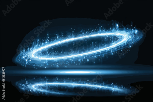 푸른 빛의 소용돌이가 회전하며 반짝이는 환상적인 에너지 원형 효과