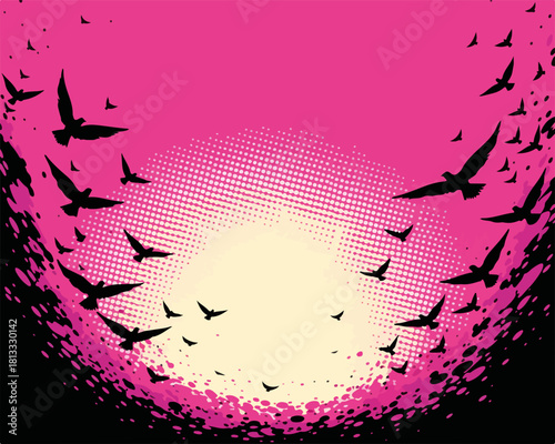 핑크색 배경 위로 날아가는 새들의 무리, 추상적인 태양과 반점 효과