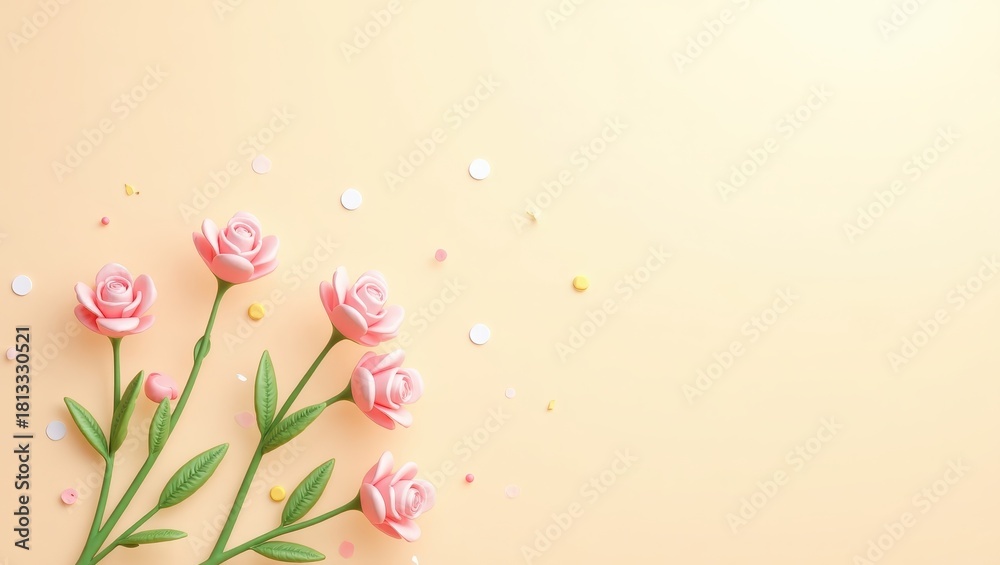 Naklejka premium Pink roses with green stems and leaves are arranged on a light peach colored background with confetti, providing a soft and delicate aesthetic.