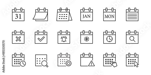Simple set of calendar related vector line icons. Flat, digital icon set for web and mobile. Set of calendar icons, schedule, event. calendar date schedule winter holiday Christmas xmas celebration.