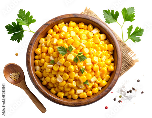  Fresh Sweet Corn Kernels in Rustic Kitchen Bowl