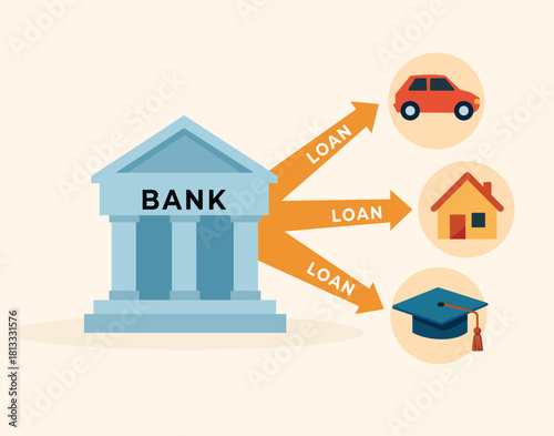 Bank with arrows pointing to icons for car, home, and education, symbolising loan distribution