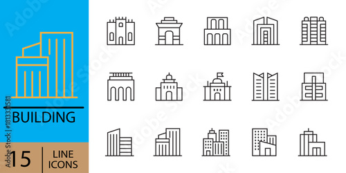 Building icons set. Vector illustration thin line modern style of building, Urban architecture, city skyscraper, downtown. A diverse collection of architectural building icons in a minimalist style. 