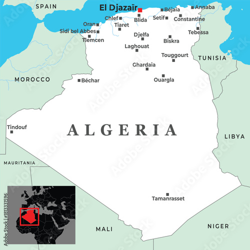 Political map of Algeria showing major cities, borders, and its location in North Africa.
