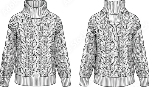 Cad drawing flat vector illustration of cable knit high neck sweater technical fashion template with detailed textured stitches and classic winter garment design