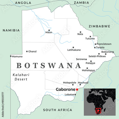 Political map of Botswana showing major cities, borders, rivers, and its location in Southern Africa
