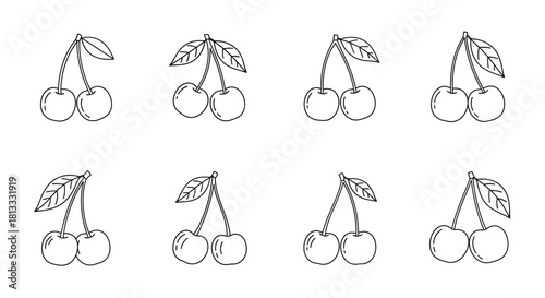 Hand drawn cherry set isolated on white background, outline fruit collection