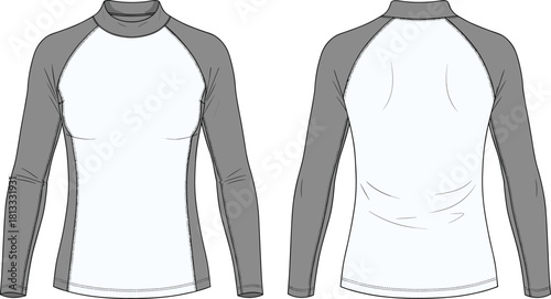 Cad drawing flat vector illustration of long sleeve raglan mock neck top technical fashion template with contrast sleeves and detailed garment stitching