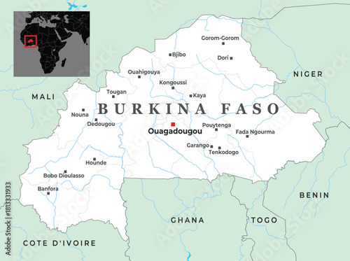 Political map of Burkina Faso showing major cities, borders, and its location in West Africa