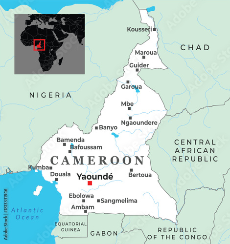 Political map of Cameroon showing major cities, borders, and its location in Central Africa
