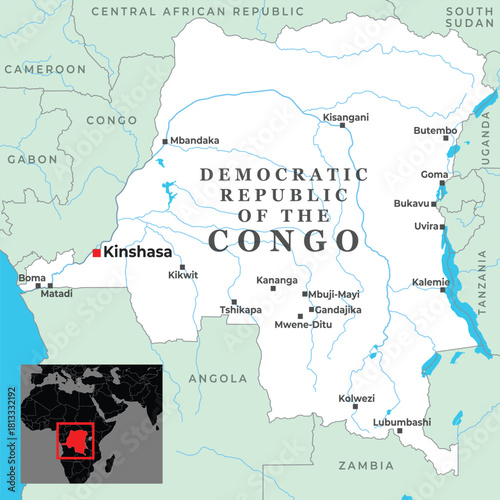 Detailed political map of the Democratic Republic of the Congo featuring major cities, borders, and regional geography in Central Africa