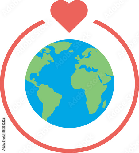 A flat icon of the Earth's globe encircled by a ring with a red heart on top. Powerful vector for concepts of global love, environmental care, ecology, charity, sustainability, world health, or peace.