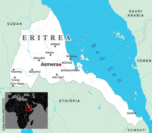 Detailed political map of Eritrea showing major cities, borders, and its coastal location along the Red Sea