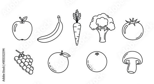Collection of fresh fruits and vegetables in black and white isolated on white background