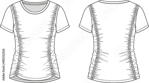 Cad drawing flat vector illustration of women’s ruched side seam t-shirt technical fashion template, short sleeve garment sketch design