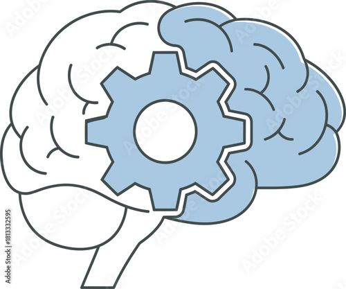 Stylized human brain with a gear icon integrated into the right side. Conceptual vector for mechanical thinking, problem-solving, cognitive processing, AI, mental organization, or engineering concepts
