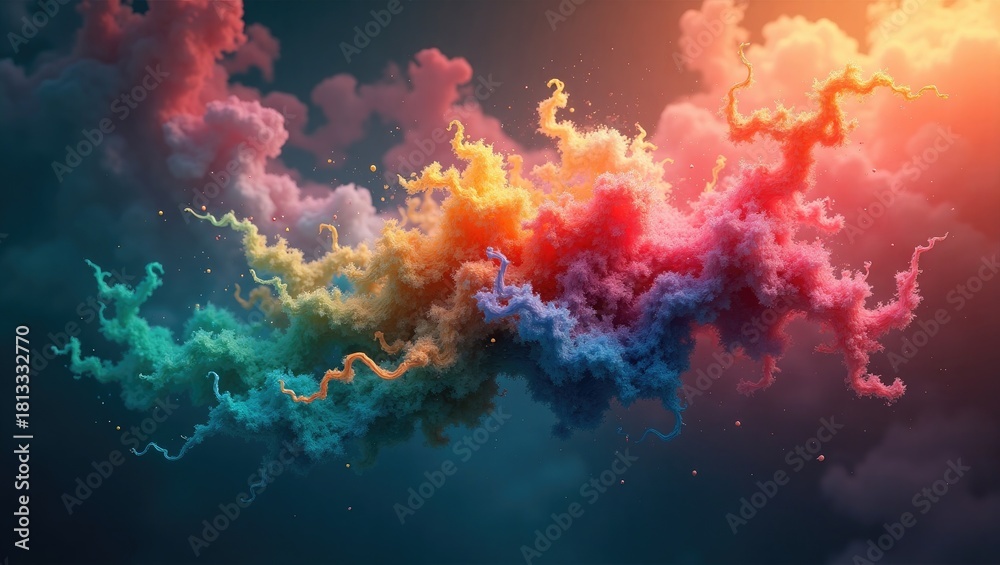 Obraz premium Colorful and abstract cloud formations present a vibrant spectrum of hues, from fiery orange and red to cool blue and green, swirling across a dark, gradient sky with a sense of dynamism.