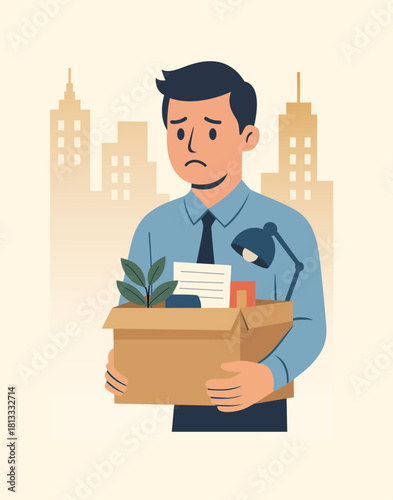 Concerned professional holding a box of belongings, symbolising job loss or resignation