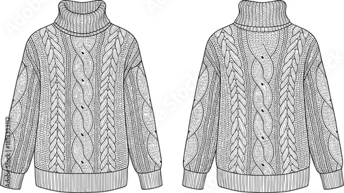 Cad drawing flat vector illustration of cable knit turtleneck sweater technical fashion template with detailed textured stitches and classic winter garment design