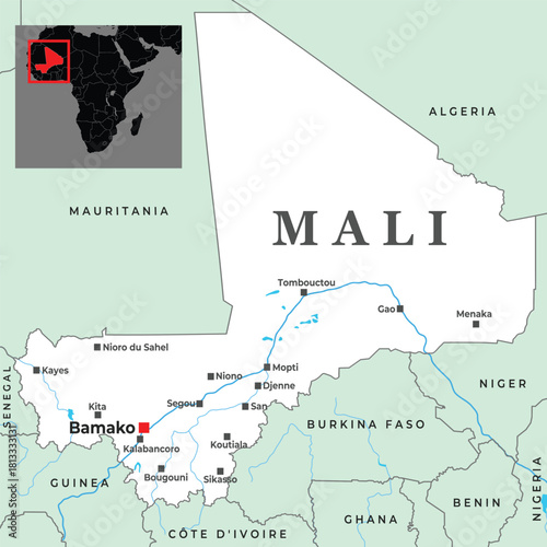 Political map of Mali showing major cities, borders, rivers, and its location in West Africa