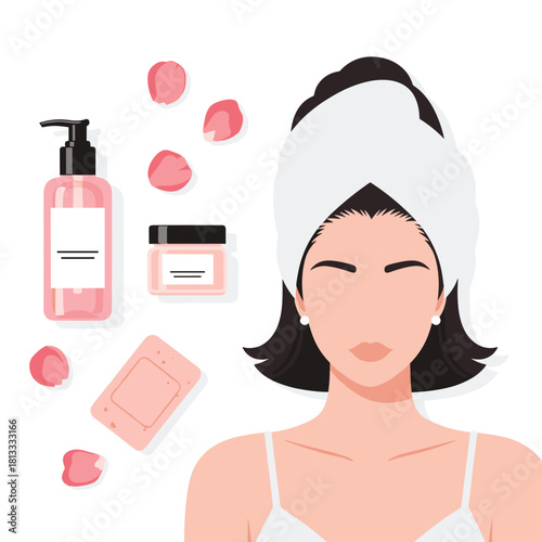 Woman with a towel on her head next to a set of rose-infused skincare products for her daily beauty routine at home.