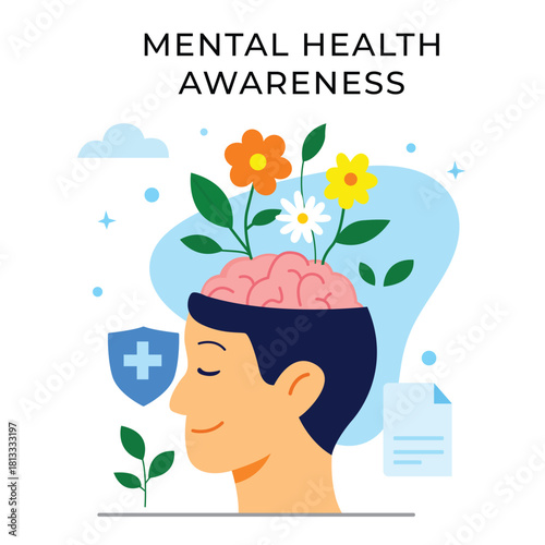 Mental Health Awareness with a side profile, blooming brain, and supportive health icons
