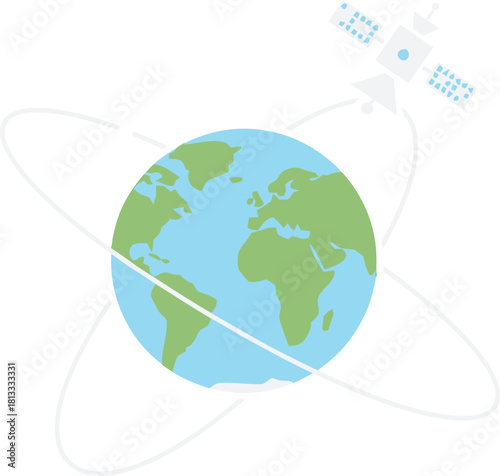 A stylized satellite orbiting the Earth with rings, representing global communication, space technology, worldwide network, or scientific monitoring and exploration of the planet.