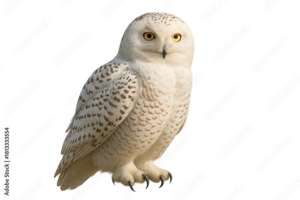 Fototapeta premium Snowy owl looking directly, a majestic bird of prey with bright yellow eyes and white plumage on transparent background