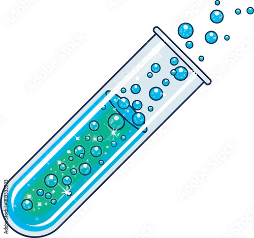 A stylized test tube filled with green and blue liquid actively bubbling with shining bubbles escaping the top. Dynamic vector for chemical experiments, science reaction, lab testing, or research.