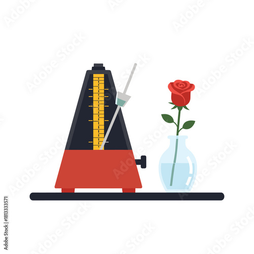 Conceptual still life with a classic metronome ticking rhythmically next to a single red rose in a clear glass vase.