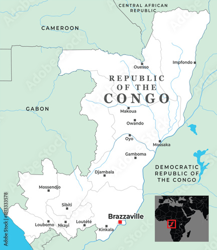 Political map of the Republic of the Congo showing borders, major cities, and its location in Central Africa