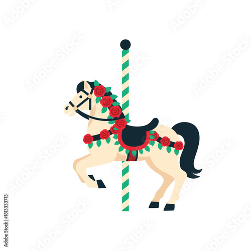 Whimsical carousel horse from an amusement park, beautifully decorated with a festive garland of vibrant red roses.