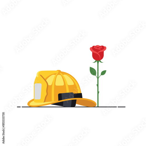 Memorial concept with a yellow firefighter helmet placed next to a single red rose, honoring fallen heroes and bravery.