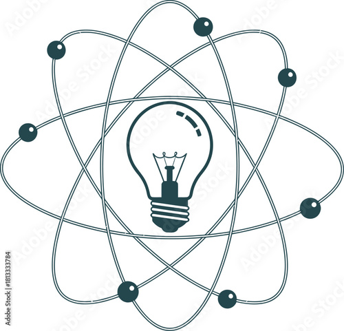 A monochrome icon showing an atom symbol surrounding a light bulb. Powerful vector for concepts of nuclear energy, atomic power, scientific breakthrough, physics, chemistry, brilliant ideas.