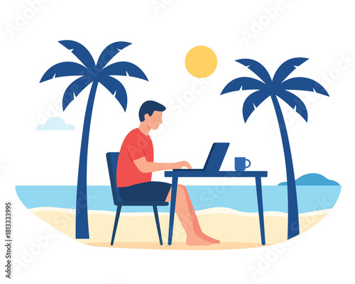 A person working on a laptop at a beach desk with palm trees and ocean view, symbolising remote work freedom