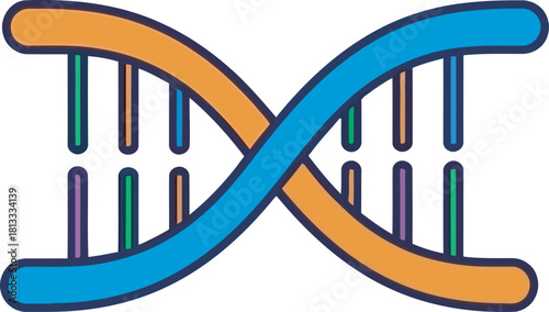 A stylized, colorful DNA double helix icon, showing the twisted ladder structure with blue, orange, and purple elements. Clear vector for concepts of genetics, biology, science, or medical research.