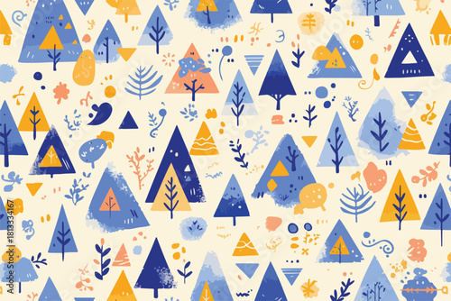 다양한 색상의 귀여운 삼각형 나무 일러스트 패턴, 텍스처 배경, 어린이 디자인