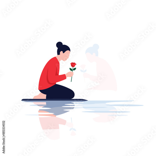 Woman kneeling by water, looking at her faint reflection while holding a red rose, symbolizing memory or self-love.
