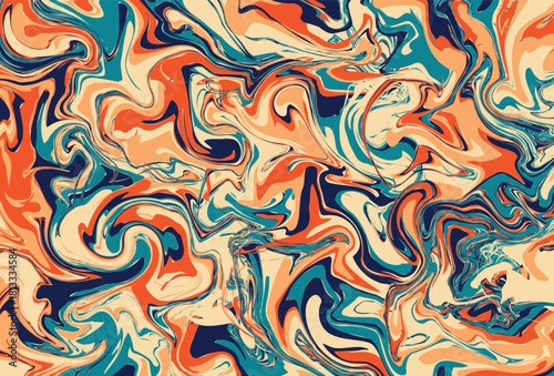 Vibrant abstract marble pattern with swirling orange, teal, navy, and cream colors creating a dynamic fluid texture.