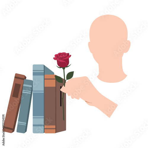 Faceless person placing a single red rose between a row of old books, using it as a thoughtful and romantic bookmark.