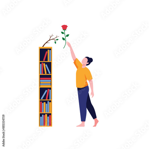Woman reaching up to pick a single rose growing from a dead branch on top of a tall, colorful bookshelf.