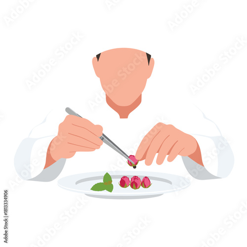 Faceless chef using tweezers to meticulously arrange small, edible rosebuds on a clean white plate for a gourmet dish.