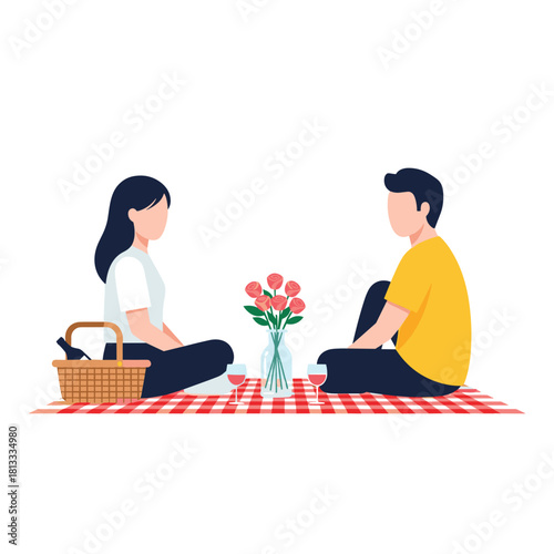 Young couple having a romantic picnic on a checkered blanket with a basket, wine, and a vase of pink roses.