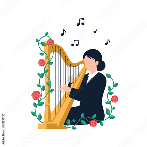 Female musician gracefully playing a large golden harp that is beautifully entwined with a vine of blooming red roses.