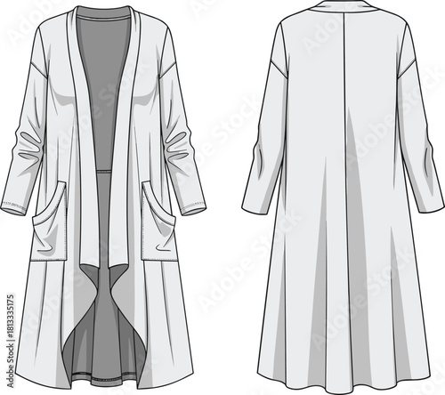 Long cardigan coat CAD drawing, flat vector illustration of stylish open front outerwear with pockets, minimal fashion technical sketch design