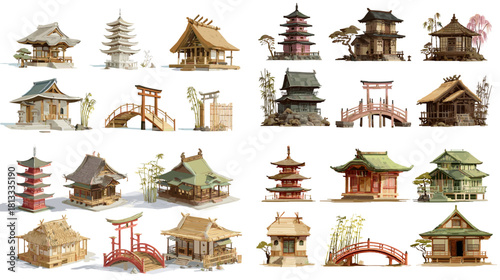 A detailed collection of Japanese temple and pagoda illustrations featuring traditional wooden architecture, bridges, shrines, and serene cultural landmarks.